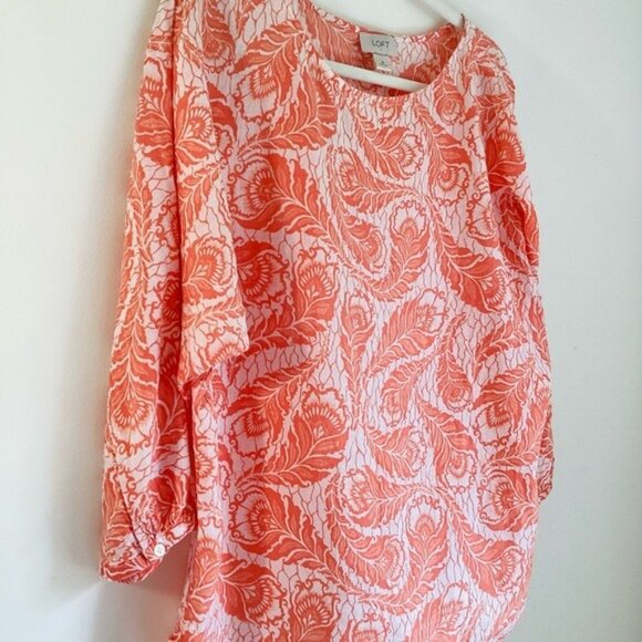 LOFT Coral & White Acanthus Pattern Blouse Cotton Lightweight Roomy Size M - Picture 3 of 10